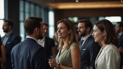 Business professionals networking at an elegant indoor event.