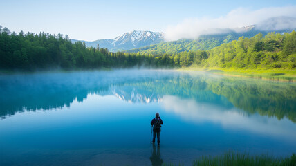 美瑛の青い池で写真撮影