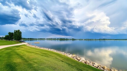 Serene Lakeside Landscape with Grassy Shores and Dramatic Cloudy Sky
