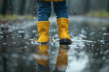 A child in yellow rubber boots splashes in puddles on a rainy day. The scene is playful and light-hearted as a child enjoys the wet weather