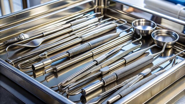 Assorted stainless steel dental instruments, including mirrors, forceps, and scalers, are neatly organized on a tray,