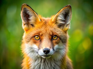 Fototapeta premium A striking, close-up portrait of a red fox's serene face, showcasing its vibrant orange fur, piercing yellow eyes,