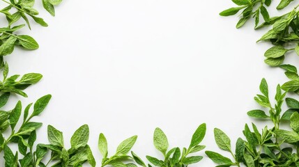 Fototapeta premium Green Leaf Frame on White Background Fresh Spring Foliage Border
