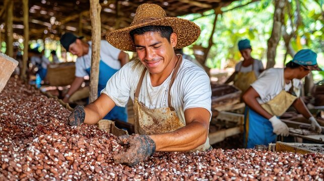 Cocoa Bean Harvesting   Farmer Sorting Cacao Beans in Plantation