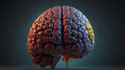 Colorful representation of a human brain anatomy on blue background.