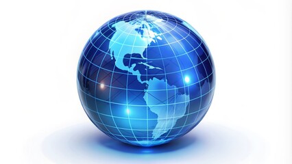 Obraz premium A stylized, glowing blue globe icon with subtle grid lines and gentle shadowing, isolated on a pure white