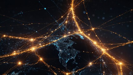 Data streams connecting globally with network of golden lights