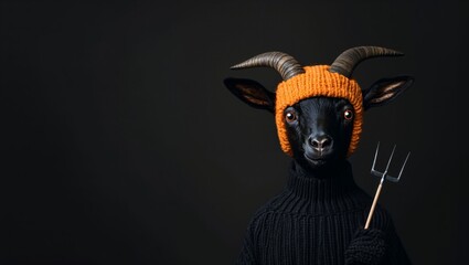 A goat in a cozy black sweater and vibrant orange hat strikes a playful pose, holding a fork, exuding a quirky charm against a solid dark backdrop, delighting viewers.