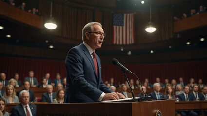 Politician giving a speech in front of assembled audience indoors