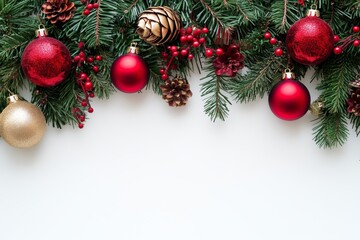 Festive Christmas border featuring ornaments, pinecones, and seasonal greenery on a bright white background