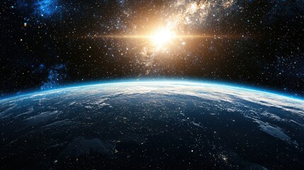 Obraz premium Earth From Space With Sunburst And Stars