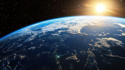 Earthrise from Space with Sun Rays and Stars