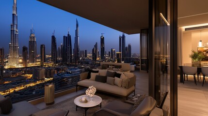 Modern Penthouse Apartment with Stunning Cityscape View at Dusk