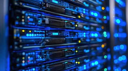 Naklejka premium Data Center Server Racks with Blue Lights and Network Connections
