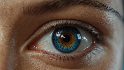 Obraz premium Close-up of a blue and brown human eye showing detailed iris patterns.