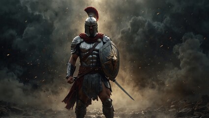 Fototapeta premium Armored warrior standing boldly amidst clouds and battlefield debris