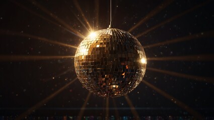 Glittering golden disco ball with bright light rays, dark backdrop.