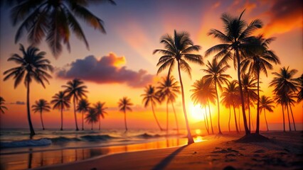 Blurred summer beach background with silhouette of palm trees at sunset, featuring orange light and low sun in the sky