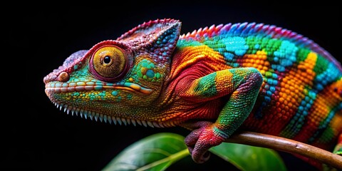 Obraz premium Vibrant chameleon blending into black background