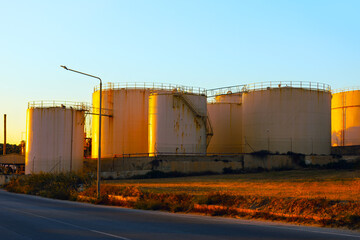 Oil storage tanks at refinery plant. Stainless tanks at chemical industrial factory