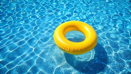 Yellow pool ring float floating in blue water on a sunny summer day