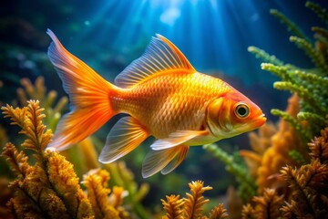 A vibrant orange-golden fish with sleek scales and flowing fins swims amidst delicate seaweed and coral, illuminated by