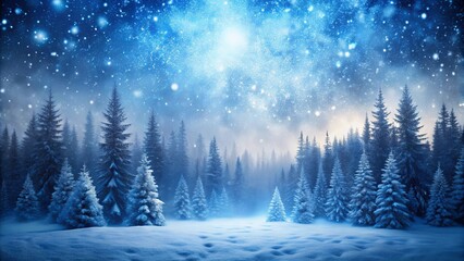 Fototapeta premium Winter wonderland of heavy snowfall in a dark blue fog forest