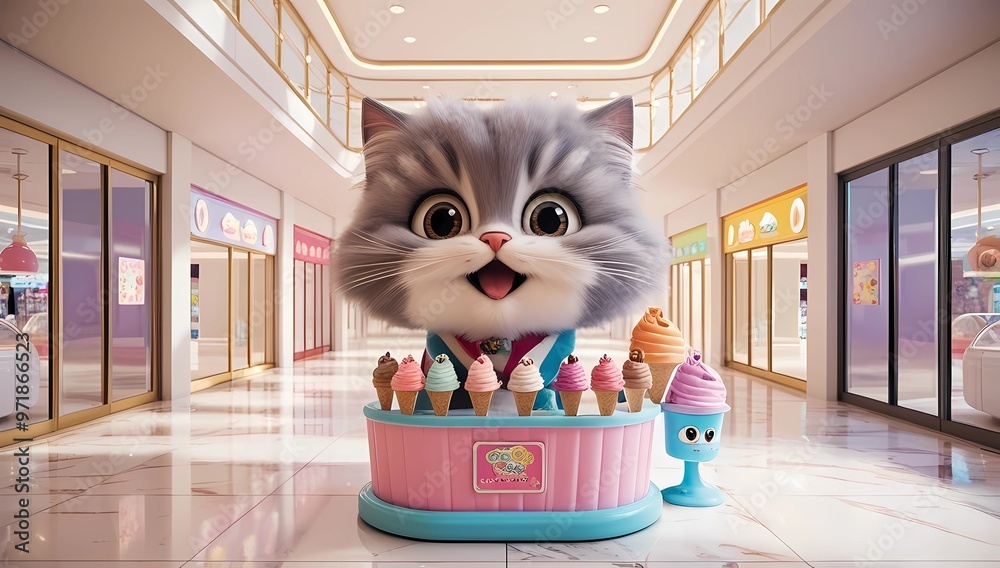 Wall mural Charming little gray cat and ice cream in a mall