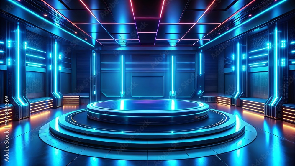 Wall mural Futuristic platform surrounded by vibrant blue neon lights in a dark room