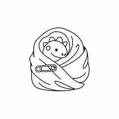 Fototapeta premium A small dinosaur wrapped up in a blanket, Minimalist One Line illustration
