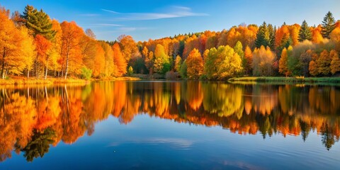 Serene lake in autumn forest with orange and yellow trees