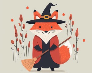 Obraz premium A cute cartoon fox dressed as a witch, complete with a broom and hat, set against a backdrop of autumn foliage.