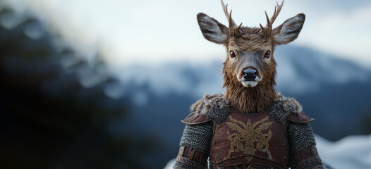 Naklejka premium A majestic deer warrior stands proud in a snowy landscape, combining nature and fantasy in a stunning visual representation.