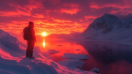 Obraz premium A lone figure gazes at a vibrant sunset over a snowy landscape.