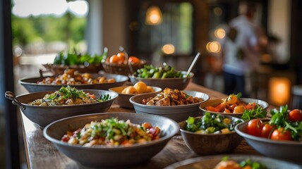 Obraz premium Traditional Thai food served in a restaurant setting with a variety of dishes, including salads, seafood, and vegetables, ideal for a meal or celebration