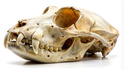 Fototapeta premium Powerful bear skull exposed in lateral view, its rugged features and furrows pronounced against the pure white