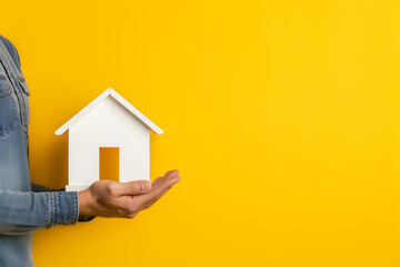 Naklejka premium “Man Holding White House Model Against Vibrant Yellow Background”