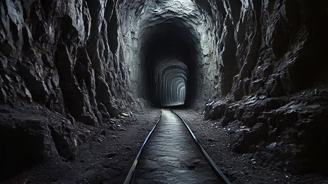 A Dimly Lit Dark Tunnel Featuring Train Tracks within a Mysterious Abandoned Mine