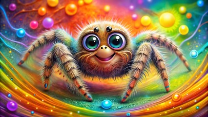 Naklejka premium A whimsical, hand-drawn illustration of a friendly, smiling spider with bright, shimmering eyes and delicate, lace-like