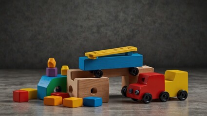 Obraz premium Colorful wooden toy blocks and vehicles arranged on a surface.