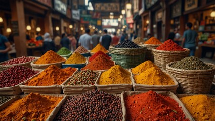 Vibrant array of spices displayed at a bustling traditional market