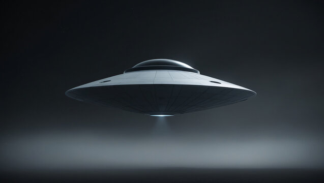 UFO. Unidentified flying object. Futuristic UFO on the black background. Photo-realistic vector illustration.