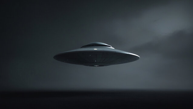 UFO. Unidentified flying object. Futuristic UFO on the black background. Photo-realistic.