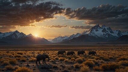 Elephants grazing in a sunlit valley with mountains in the background
