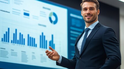 Confident Businessman Presenting Data on Screen in Meeting Room
