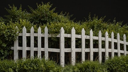 Fototapeta premium White picket fence against green bushes in a garden setting