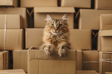 Fototapeta premium Cardboard boxes hold curious cat.