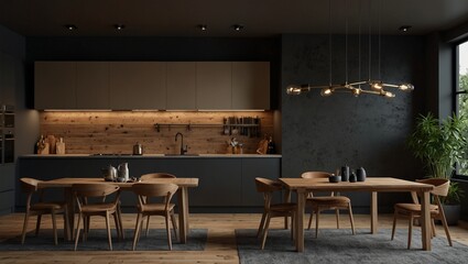 Modern kitchen with elegant wooden furniture and ambient lighting.