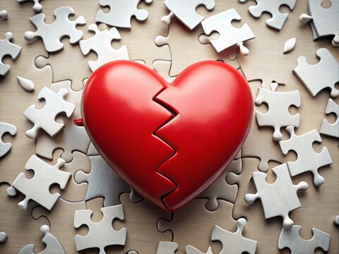 A whimsical illustration of a broken heart surrounded by puzzle pieces, symbolizing the idiomatic expression "pick up