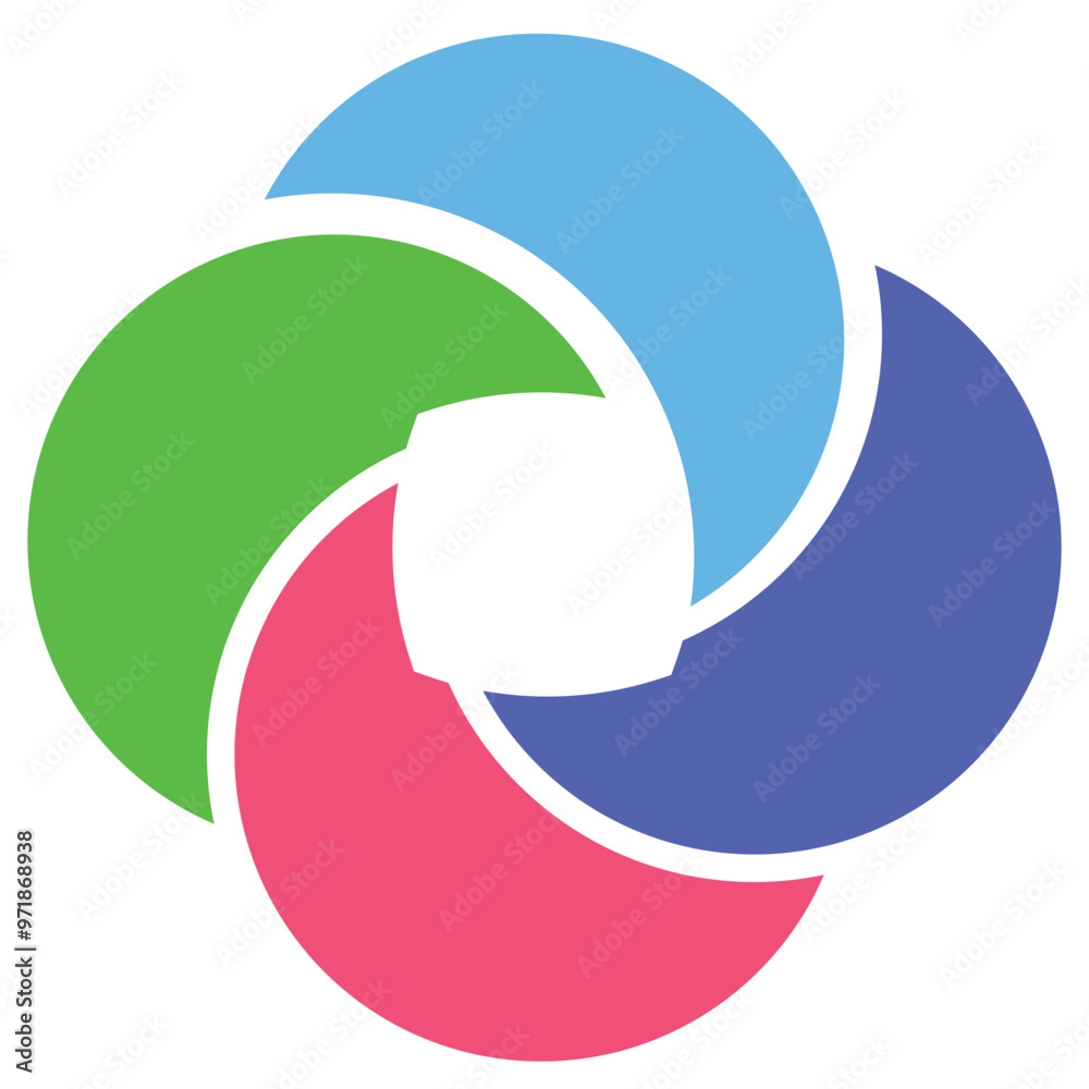 Poster four colorful shapes interlock to create a circular design with white negative space in the center